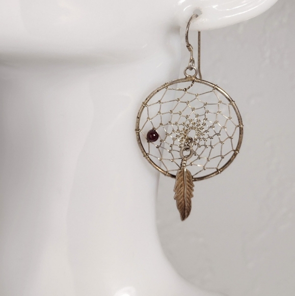 Vintage Native Southwestern Rhodolite Garnet Dreamcatcher Earrings - Picture 6 of 9